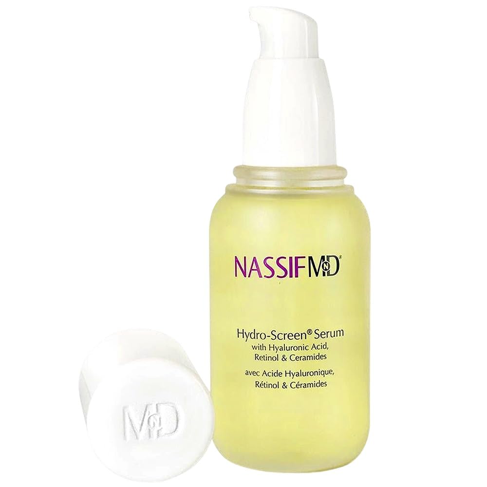 NassifMD Hydro-Screen serum bottle illustrates lasting hydration for radiant skin