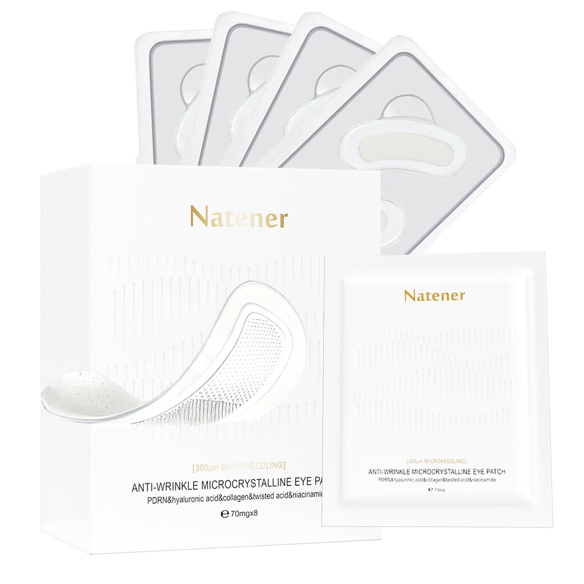 Natener micro eye patches pack front with four pairs for soothing under-eye care and puffiness relief.