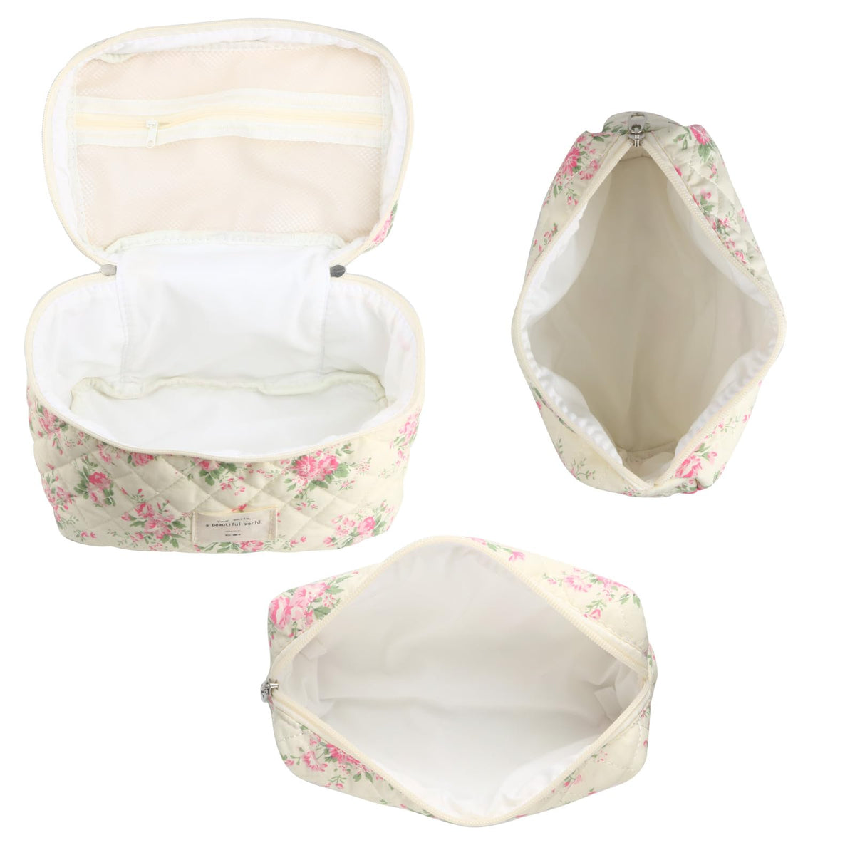 NATINSA coquette floral toiletry bag shown in a travel-ready scene.