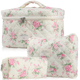 NATINSA makeup bag with pink flower front for daily use and travel.