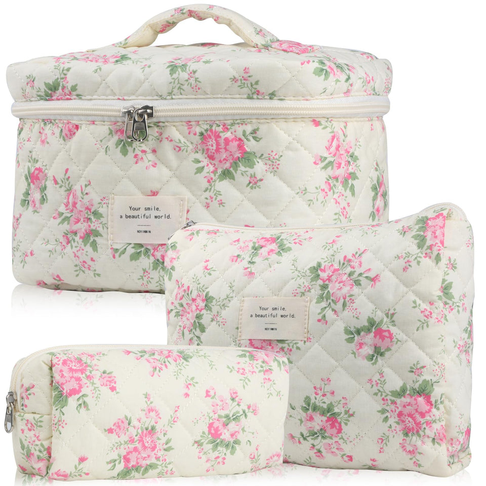 NATINSA makeup bag with pink flower front for daily use and travel.