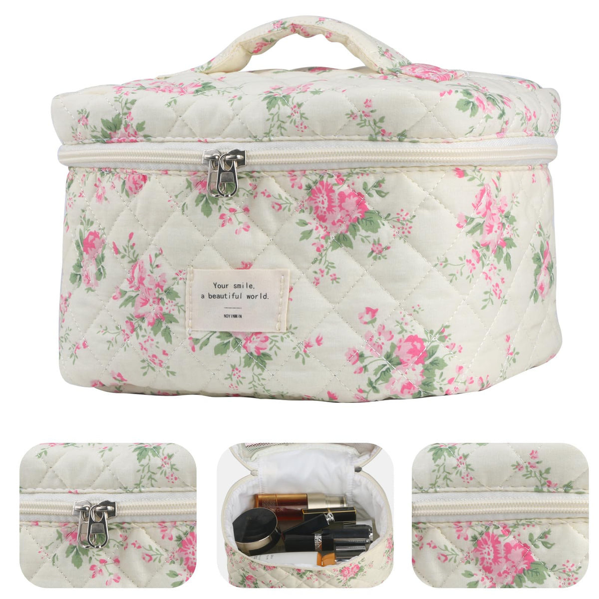 NATINSA makeup bag interior showing a dedicated brush slot for organized cosmetics.