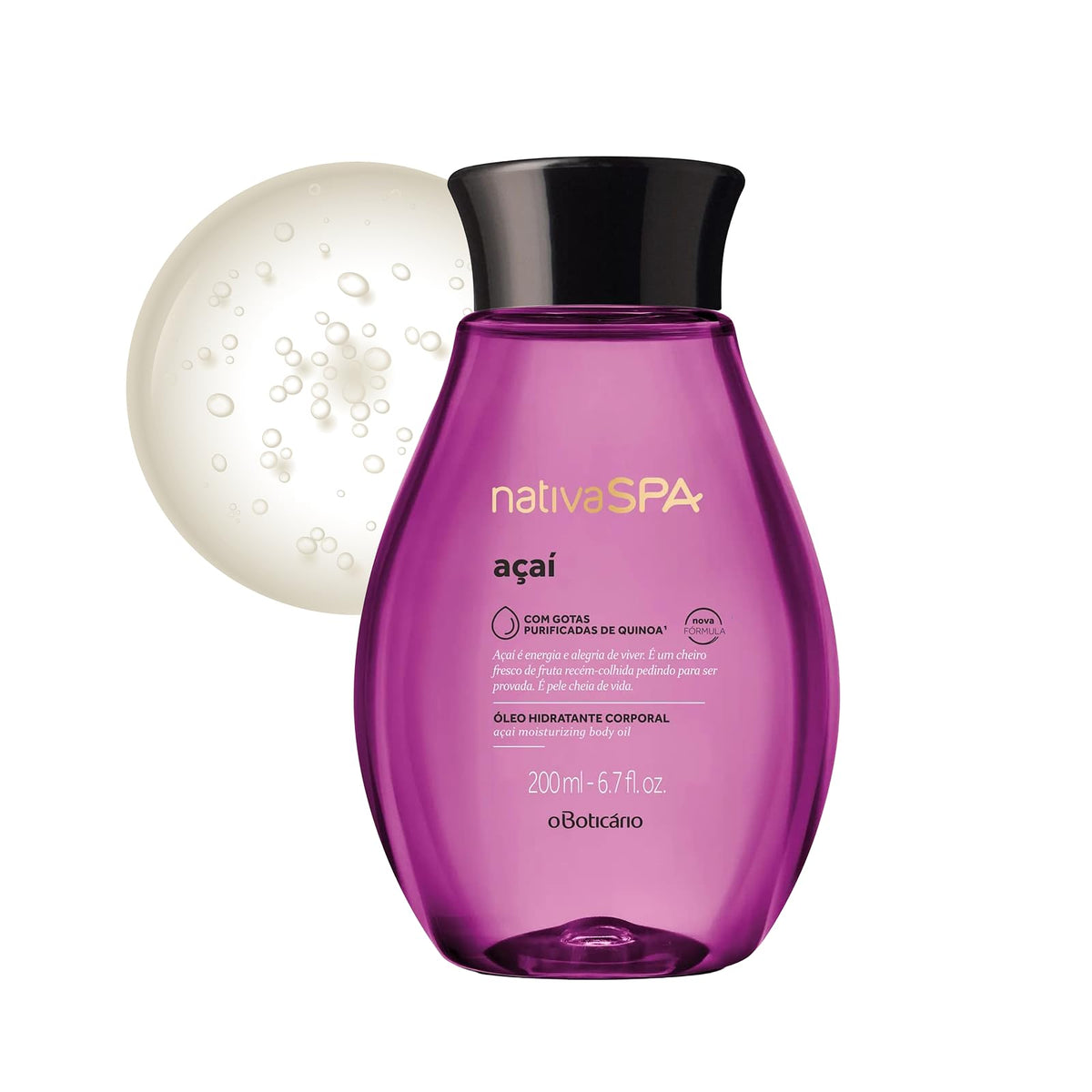 NATIVA SPA Acai Body Oil bottle showcases premium scent and hydration.