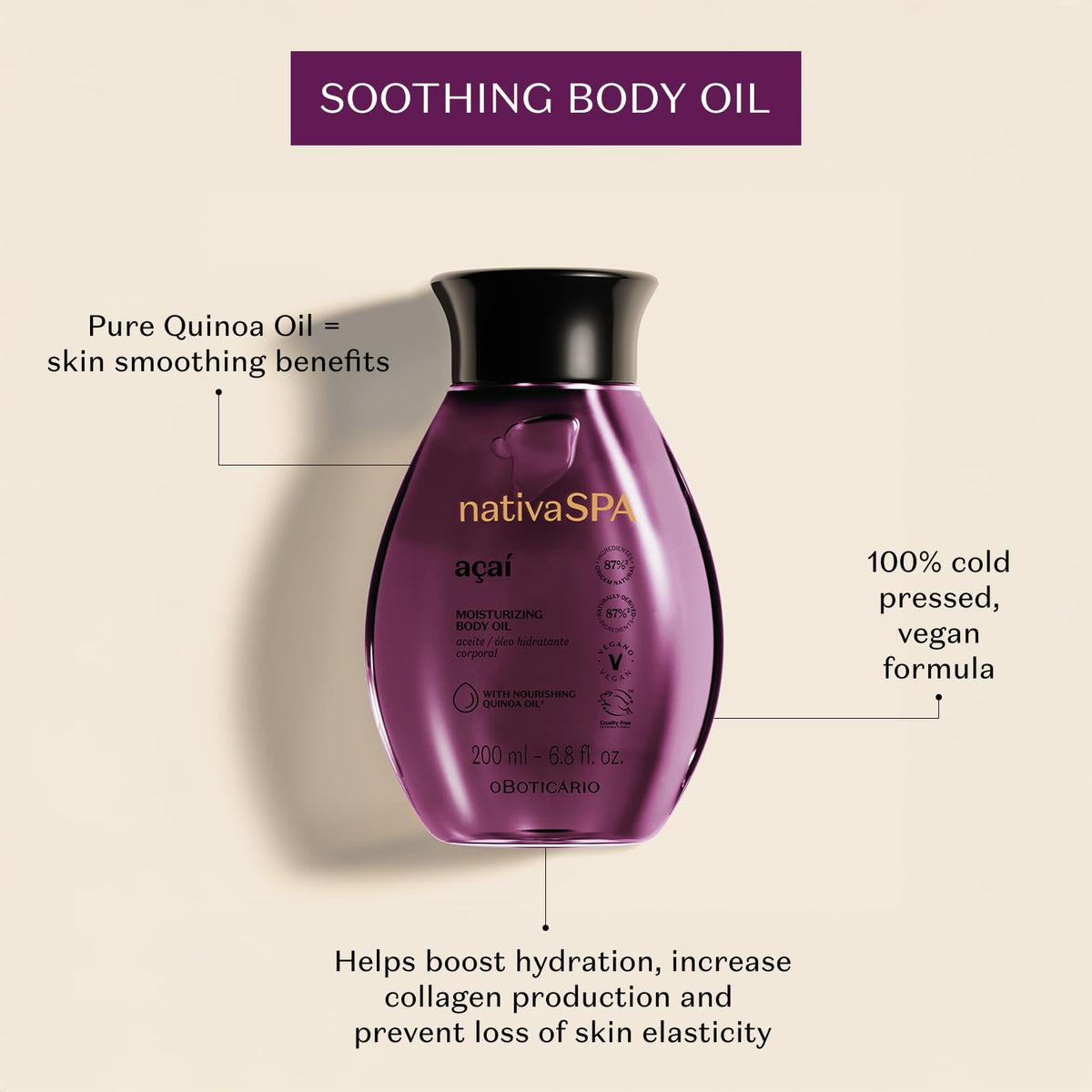 NATIVA SPA Acai Body Oil texture showing velvety, non-greasy finish.