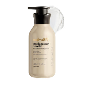 NATIVA SPA Madagascar Vanilla body lotion bottle on shelf for daily skin hydration.