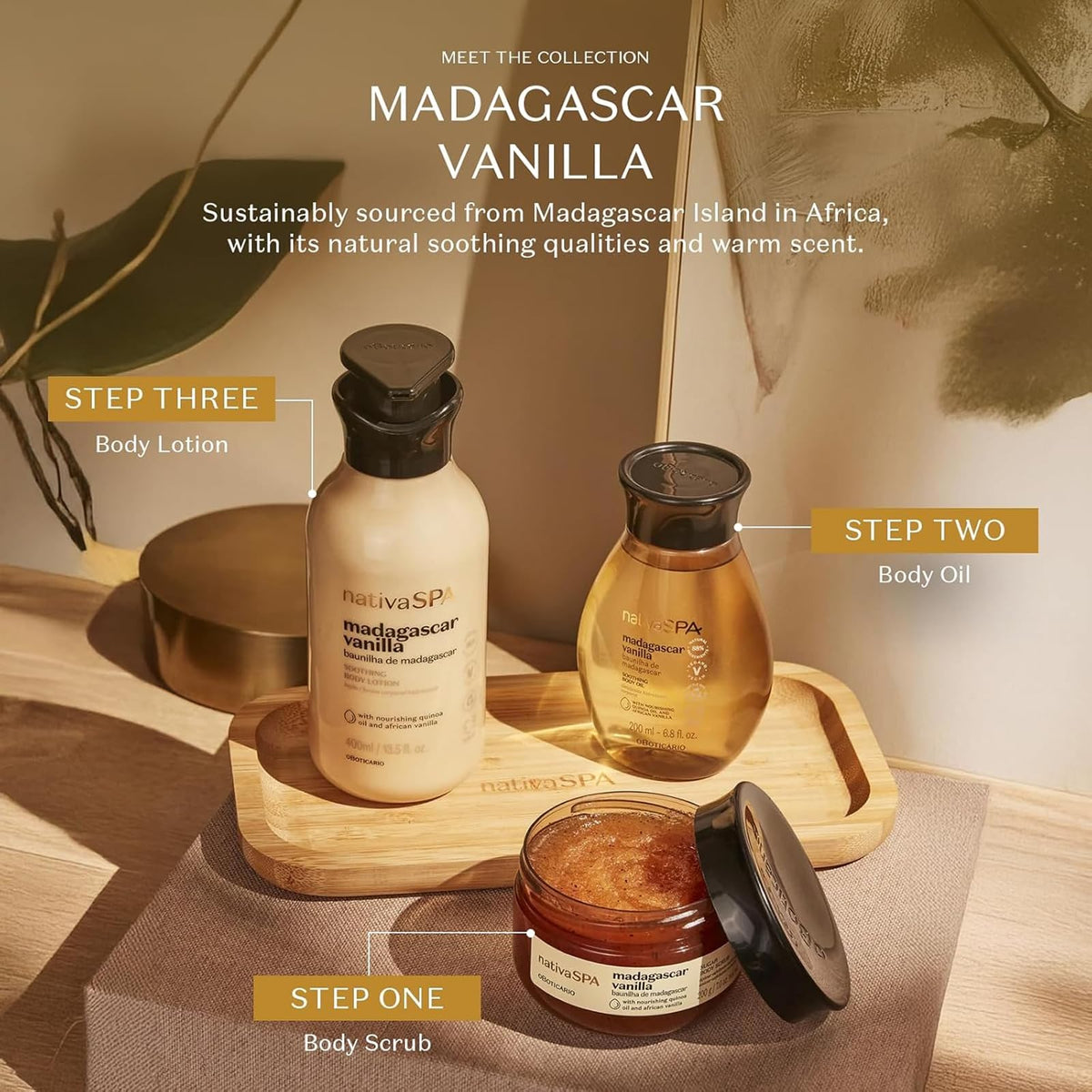 Spa-like scene featuring NATIVA SPA Madagascar Vanilla lotion for daily self-care.