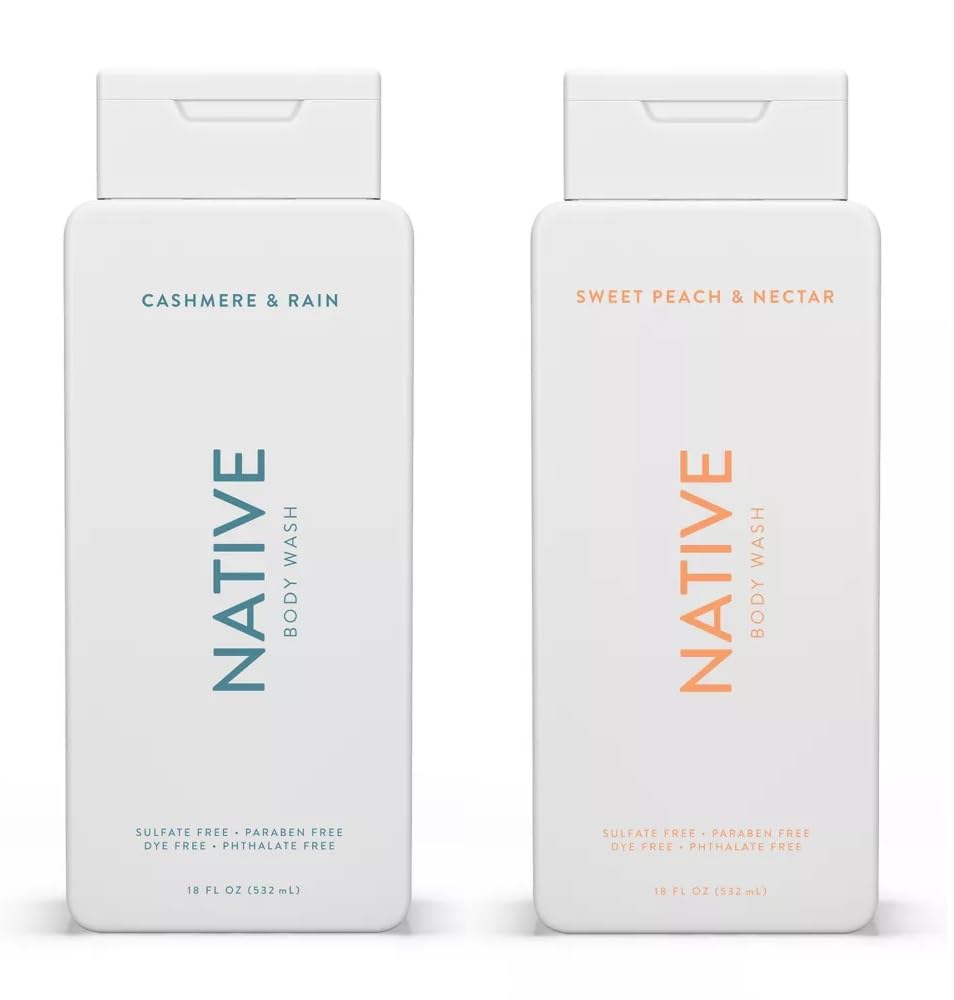 Native Body Wash 2-Pack bottles with Sweet Peach & Nectar and Cashmere & Rain for cleansing and hydration