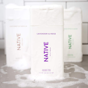 Native Body Wash coconut vanilla bottle—hydrating lather with creamy scent.