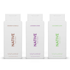 Native Body Wash Coconut Vanilla bottle showing hydrating, naturally derived formula.