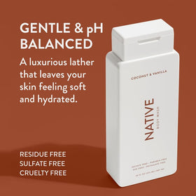 Native Body Wash Coconut Vanilla pump for easy, mess-free dispensing.