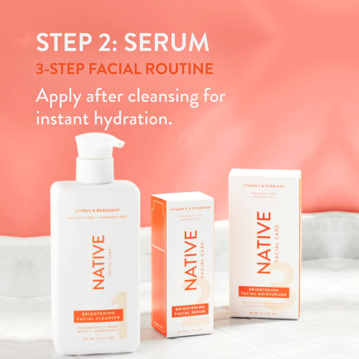 Native Brightening Facial Serum application scene highlighting quick absorption.
