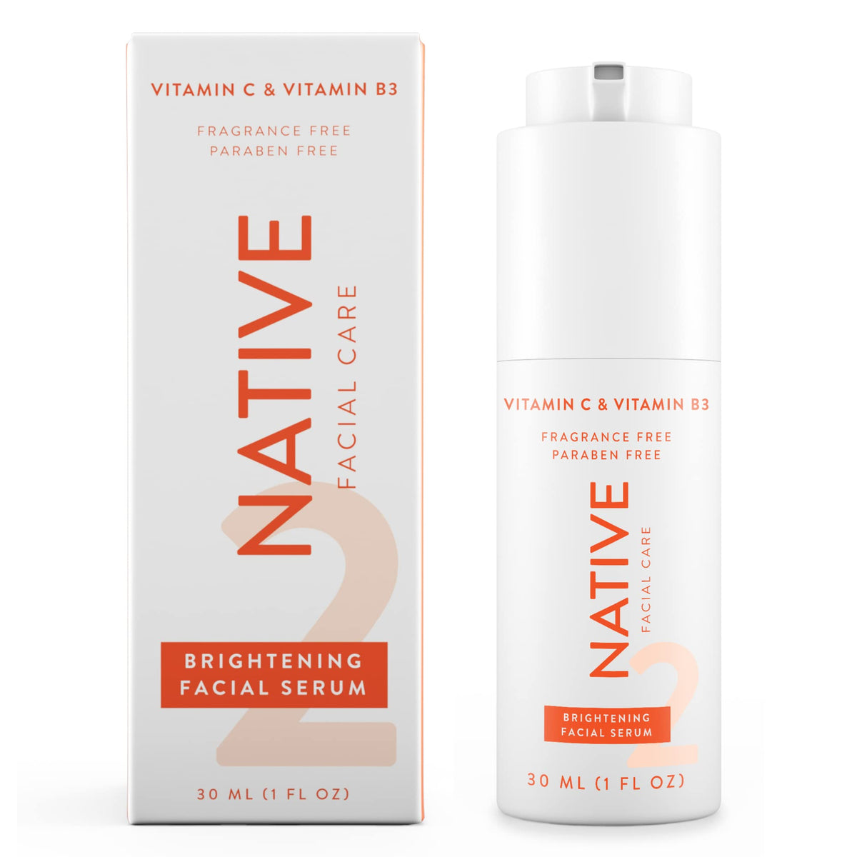 Native Brightening Facial Serum bottle close-up, fragrance-free hydration in action.