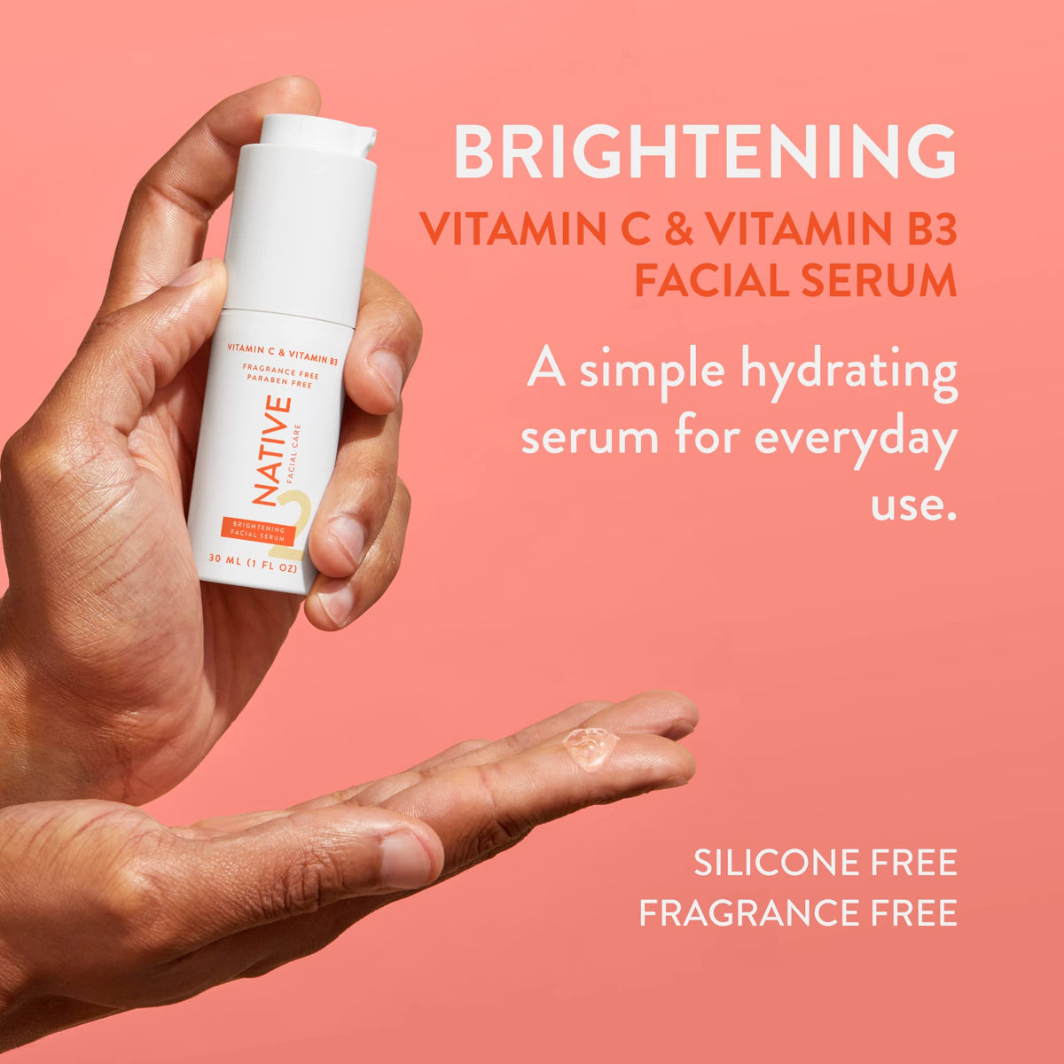 Native Brightening Facial Serum ingredients visual with vitamin C and niacinamide.