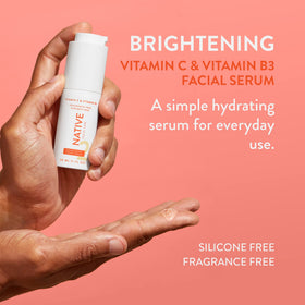 Native Brightening Facial Serum ingredients visual with vitamin C and niacinamide.