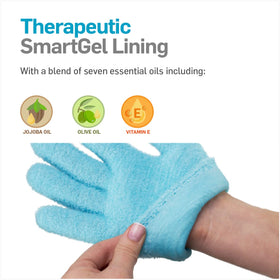 NatraCure Gel Gloves Aqua botanical oils blend with jojoba, olive, and grape seed oils.
