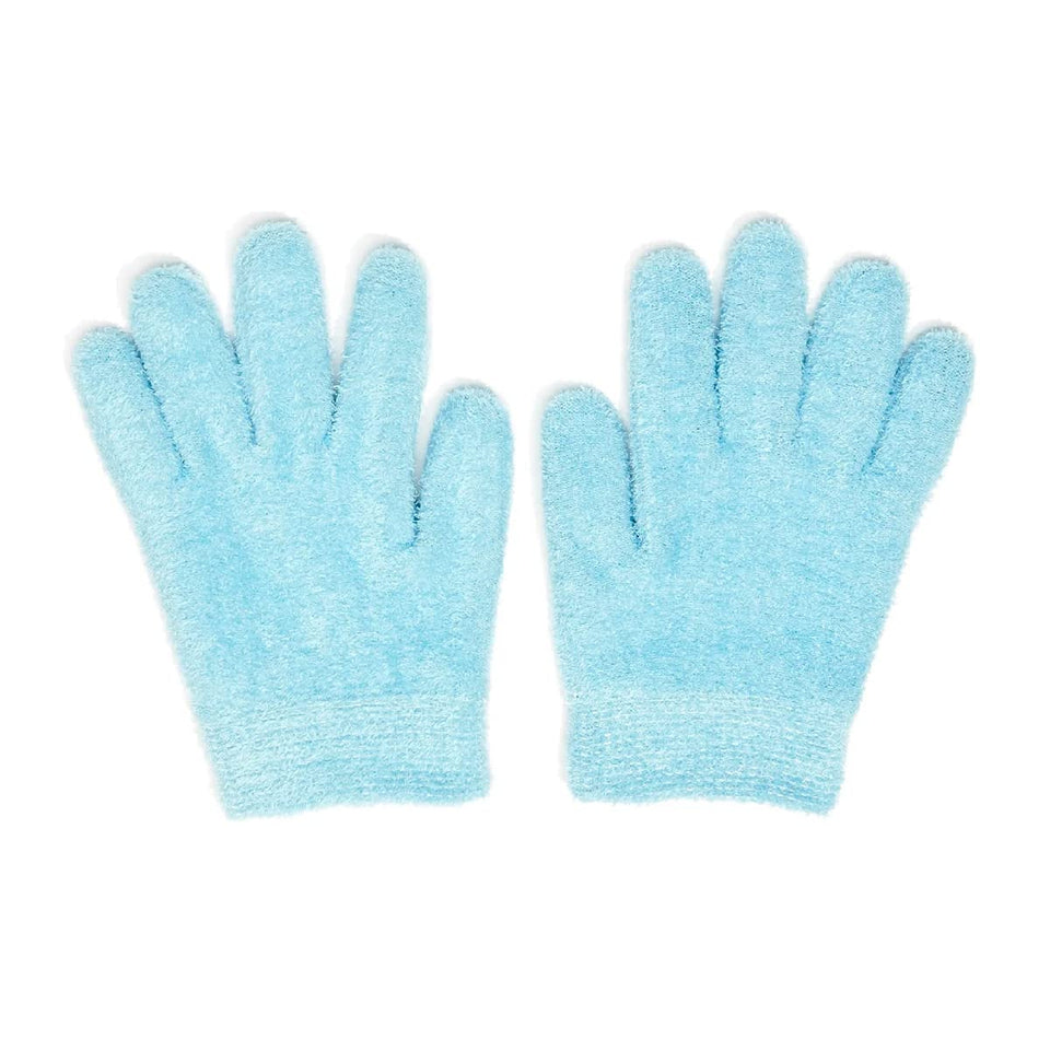 NatraCure Moisturizing Gel Gloves Aqua on hand deliver deep hydration after washing.