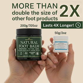 Close-up of Natriglo Foot Balm texture shows creamy, fast-absorbing formula.