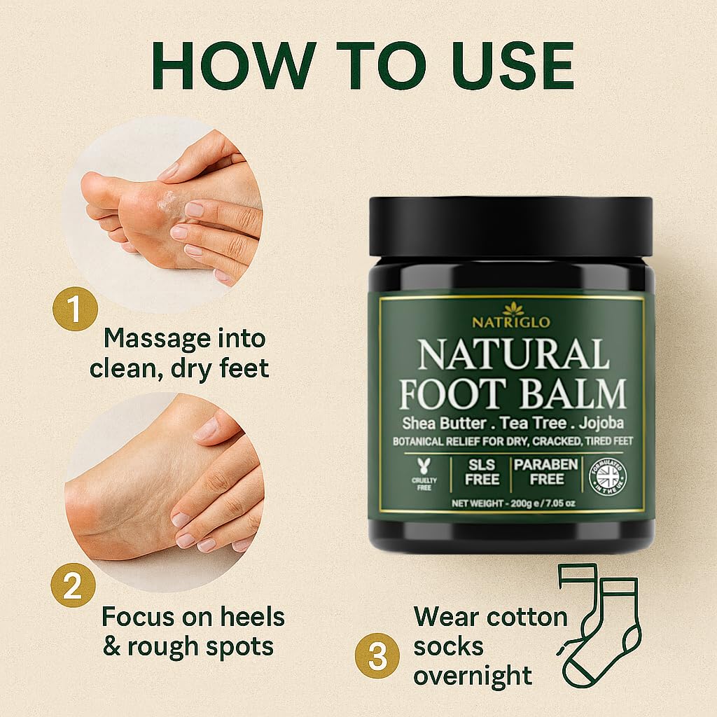 Natriglo Foot care collection display suggests a complete routine for dry feet.