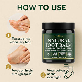 Natriglo Foot care collection display suggests a complete routine for dry feet.