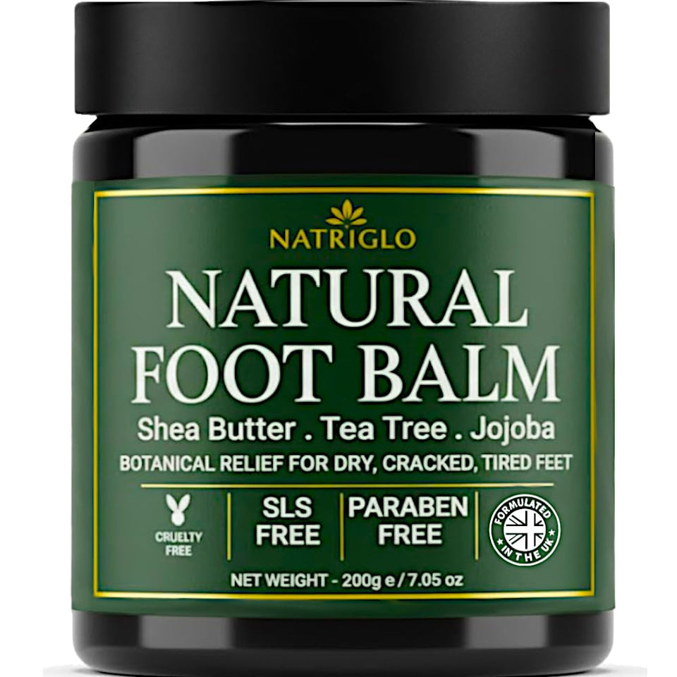 Natriglo Tea Tree Foot Balm bottle-front for deep hydration on dry, cracked feet.