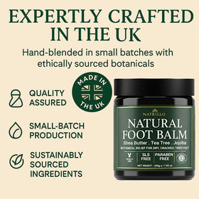 Natriglo Tea Tree Foot Balm jar highlights shea butter for nourished, smoother skin.
