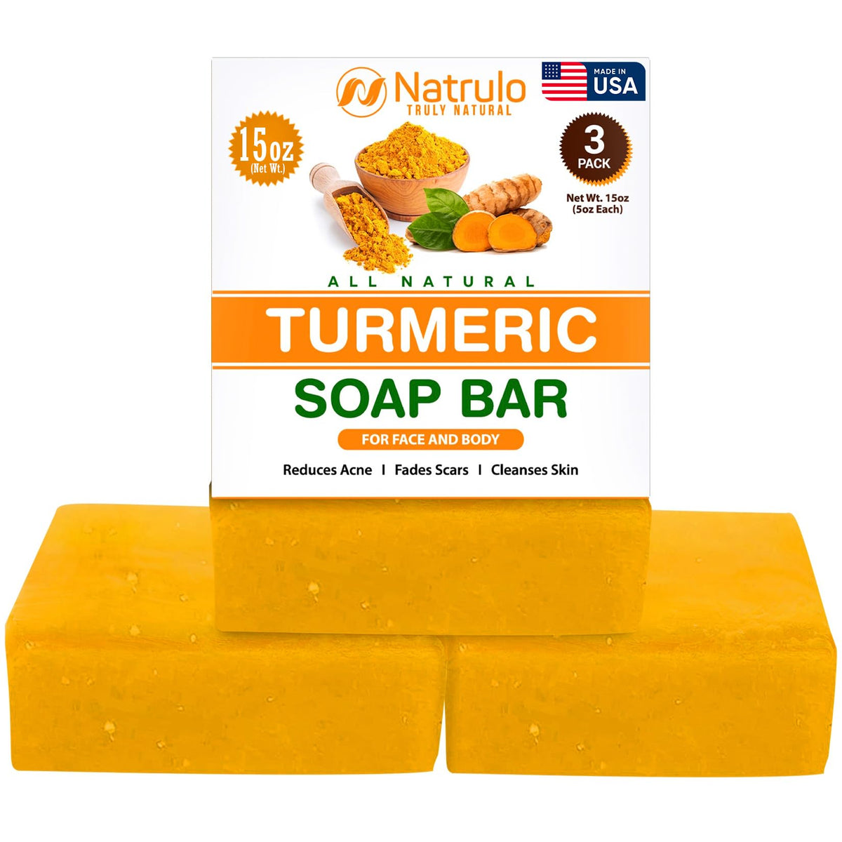 Natrulo turmeric soap bar close-up showing rich texture and golden hue for brightening skin.