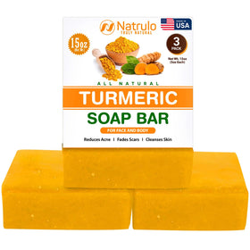 Natrulo turmeric soap bar close-up showing rich texture and golden hue for brightening skin.