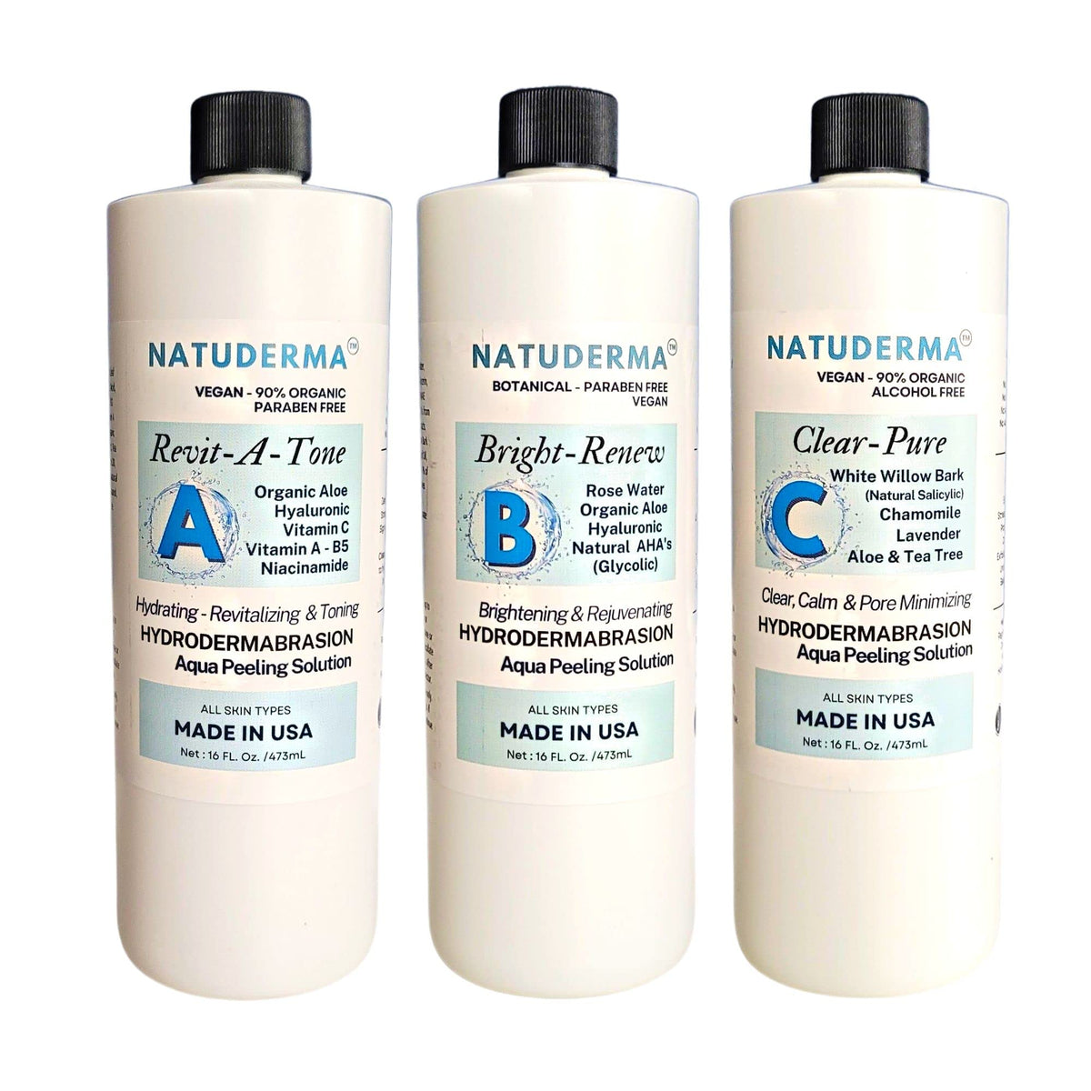 NATUDERMA Hydrodermabrasion Solution bottle close-up highlighting skin hydration benefits