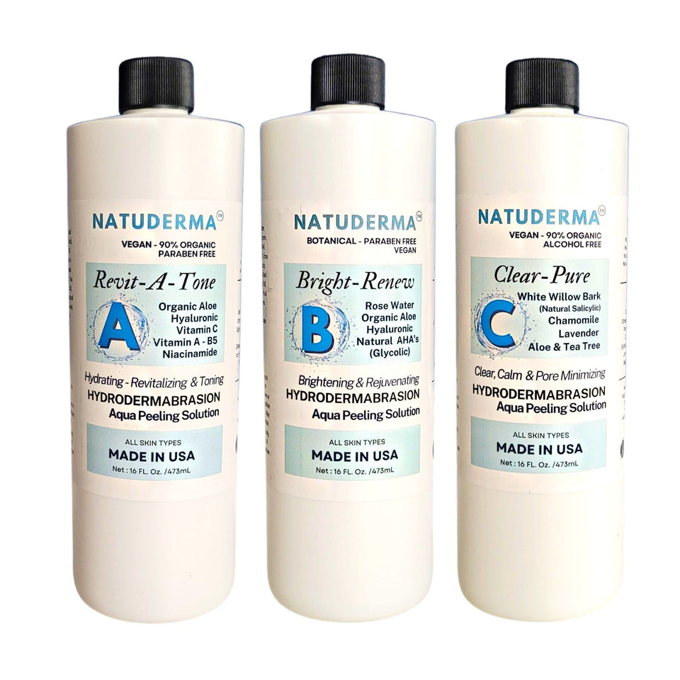 NATUDERMA Hydrodermabrasion Solution bottle close-up highlighting skin hydration benefits