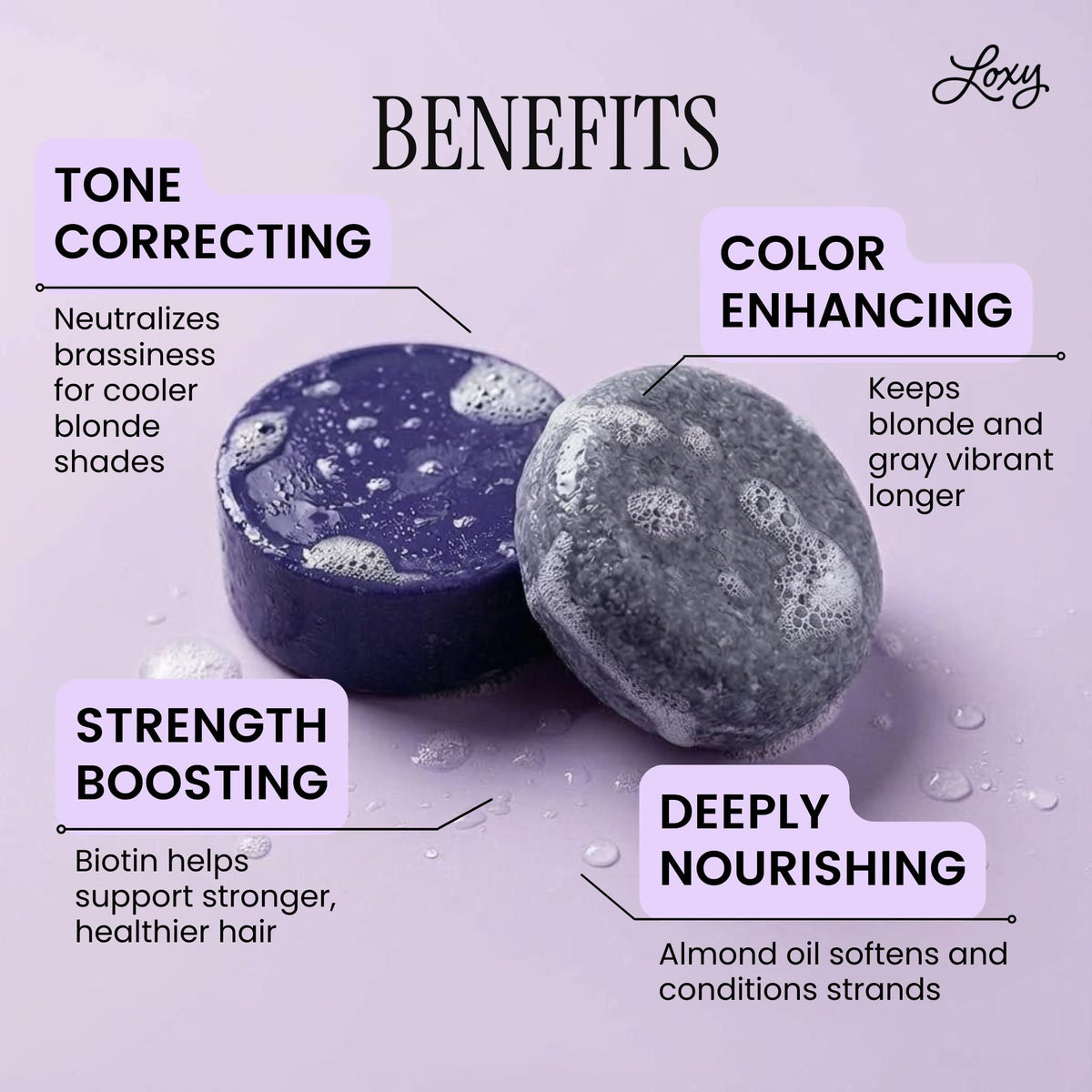 NATURÉL Loxy Purple Shampoo Bar close-up highlights biotin for stronger-looking hair