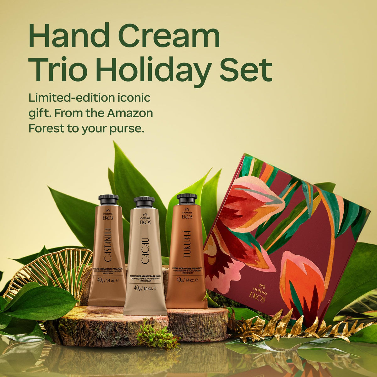 Natura acai cumaru hand creams on festive display implying natural care