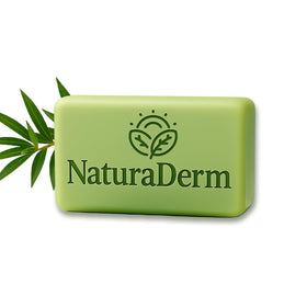 Natura Derm Tea Tree Oil Facial Soap closeup shows gentle antifungal cleansing for sensitive skin.