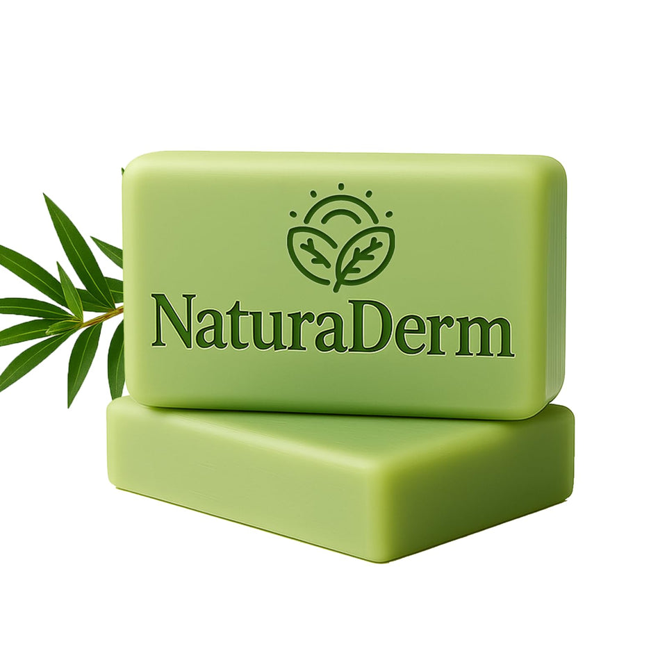 Natura Derm Tea Tree Oil Facial Soap packaging highlights a gentle antifungal cleanse for sensitive skin.