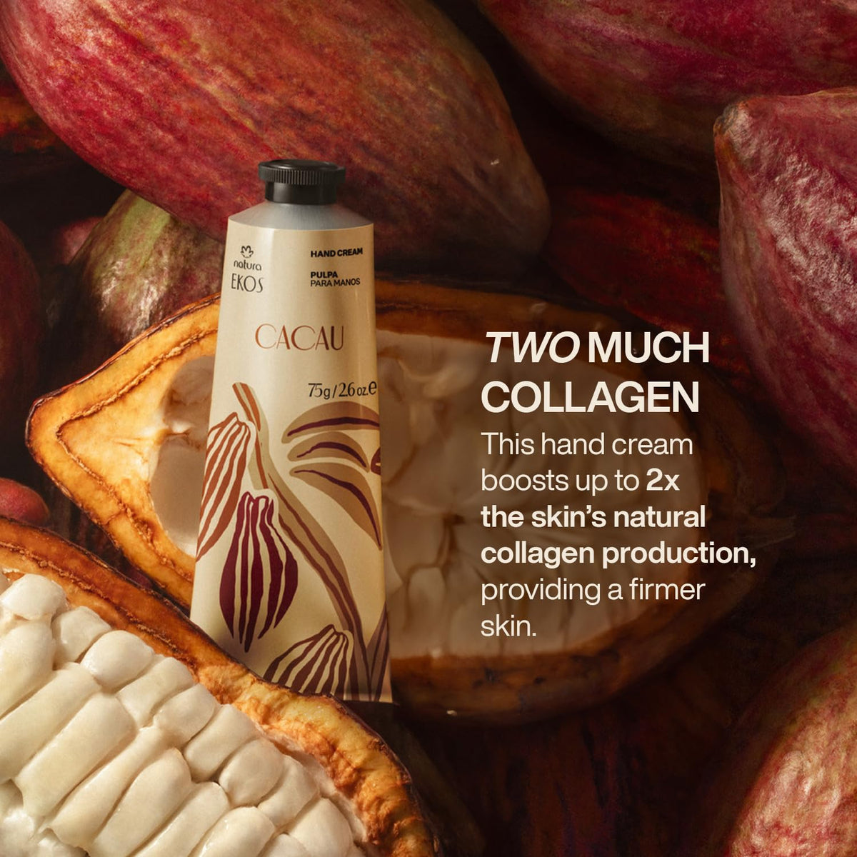 Natura Ekos Cacau hand cream on dry hands delivering smoother skin.