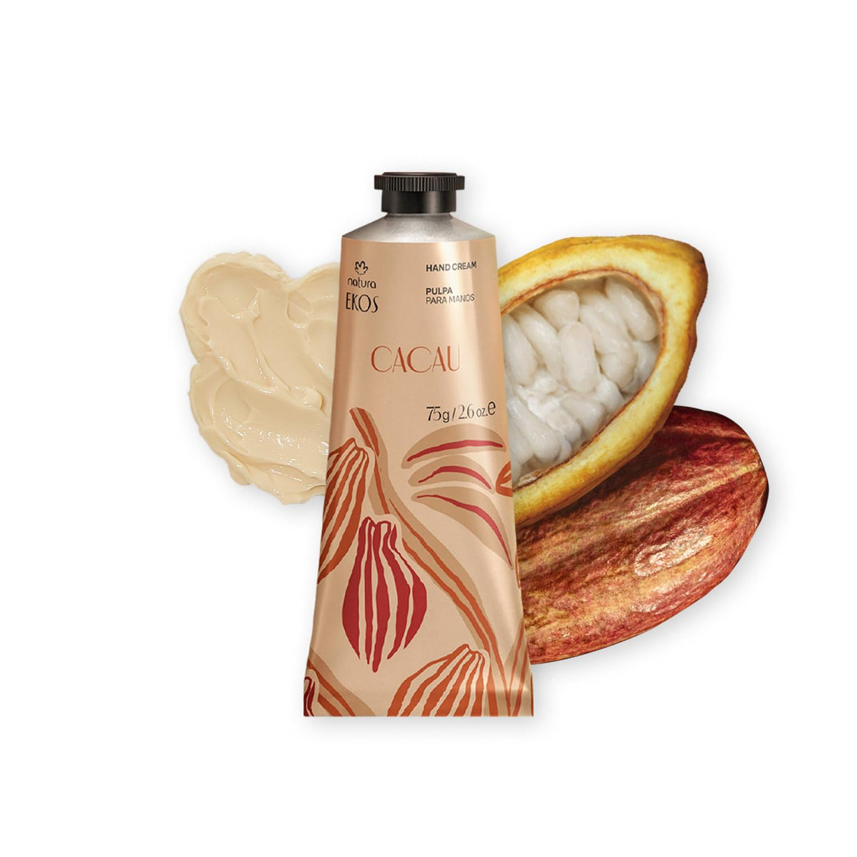 Natura Ekos Cacau hand cream tube provides rich cocoa hydration.