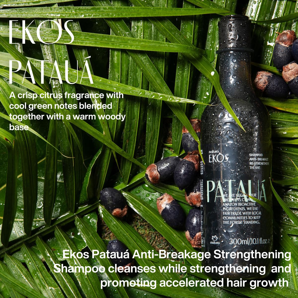 Natura Ekos Patauá Shampoo foam and lather shown for gentle cleansing.