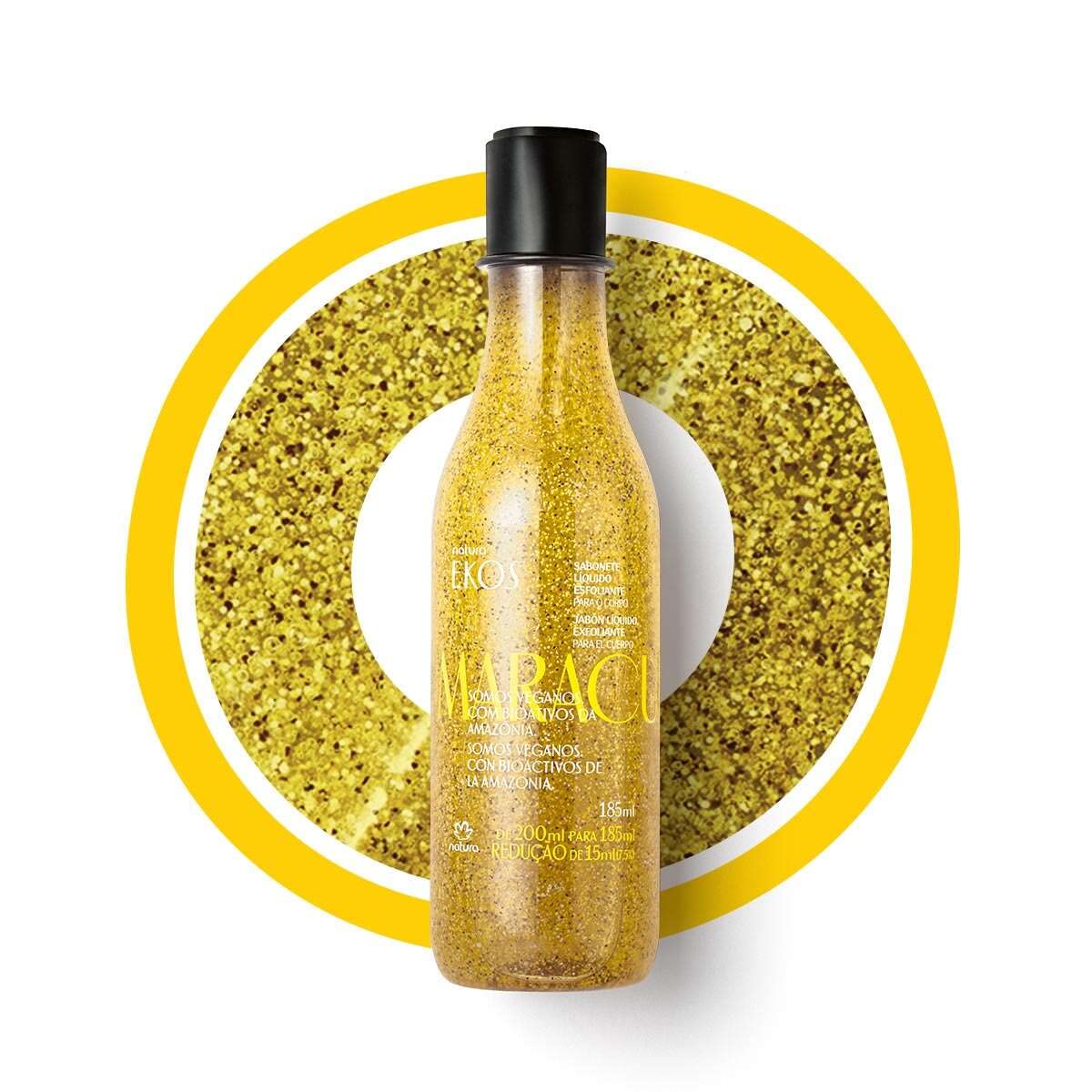 Natura maracuja oil and seed scrub closeup highlights natural exfoliants and emollient feel.