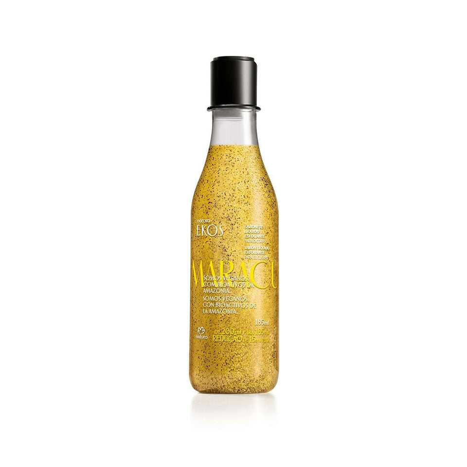 Natura Passion Fruit Exfoliating Shower Gel bottle shows gentle polish for smoother skin.