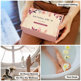 Natural Amor Los Angeles relaxing bath scene with steam and candles.