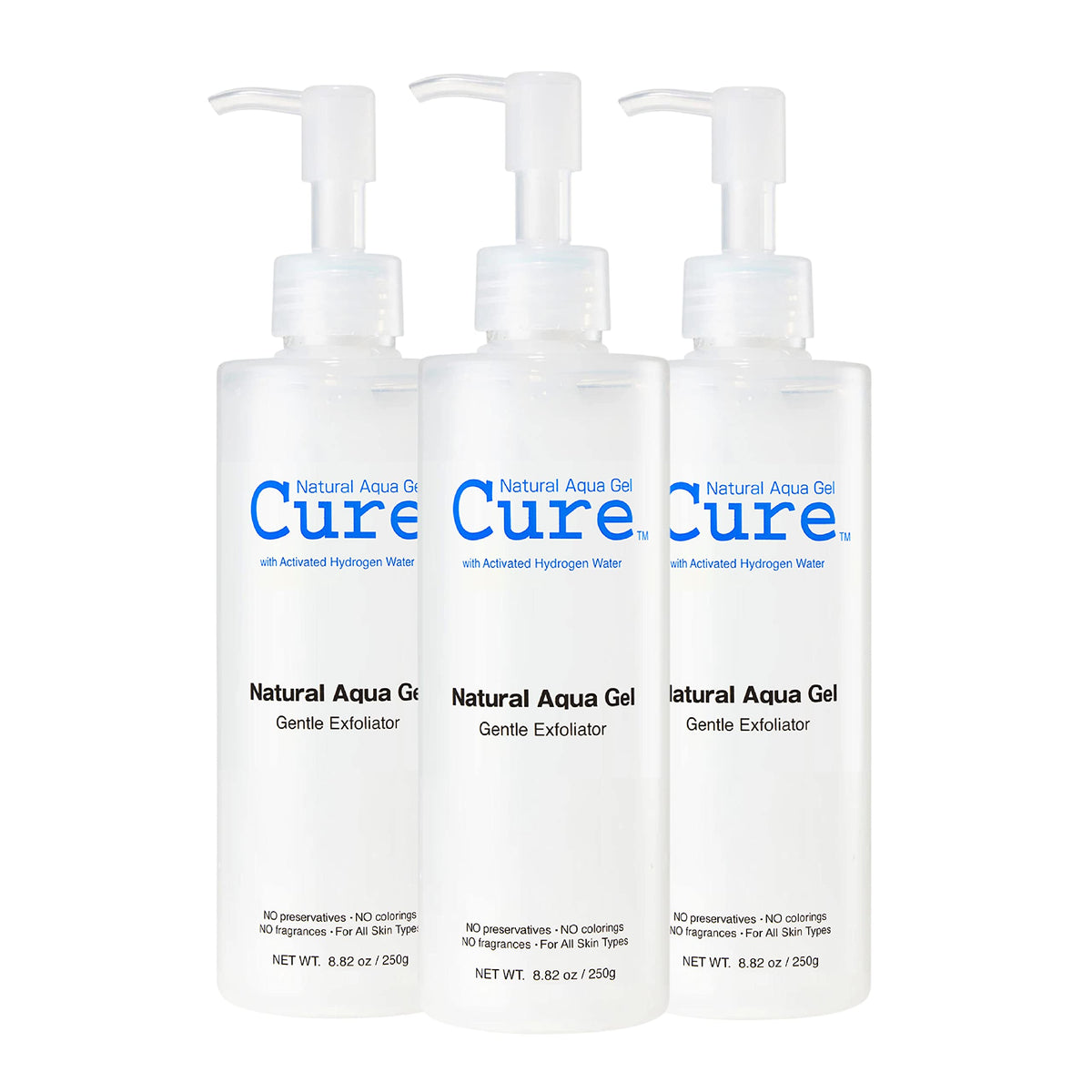 NATURAL AQUA GEL CURE exfoliator bottle for gentle cleansing and smoother skin.