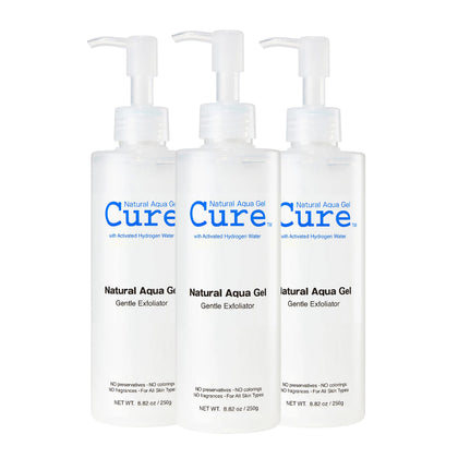 NATURAL AQUA GEL CURE exfoliator bottle for gentle cleansing and smoother skin.