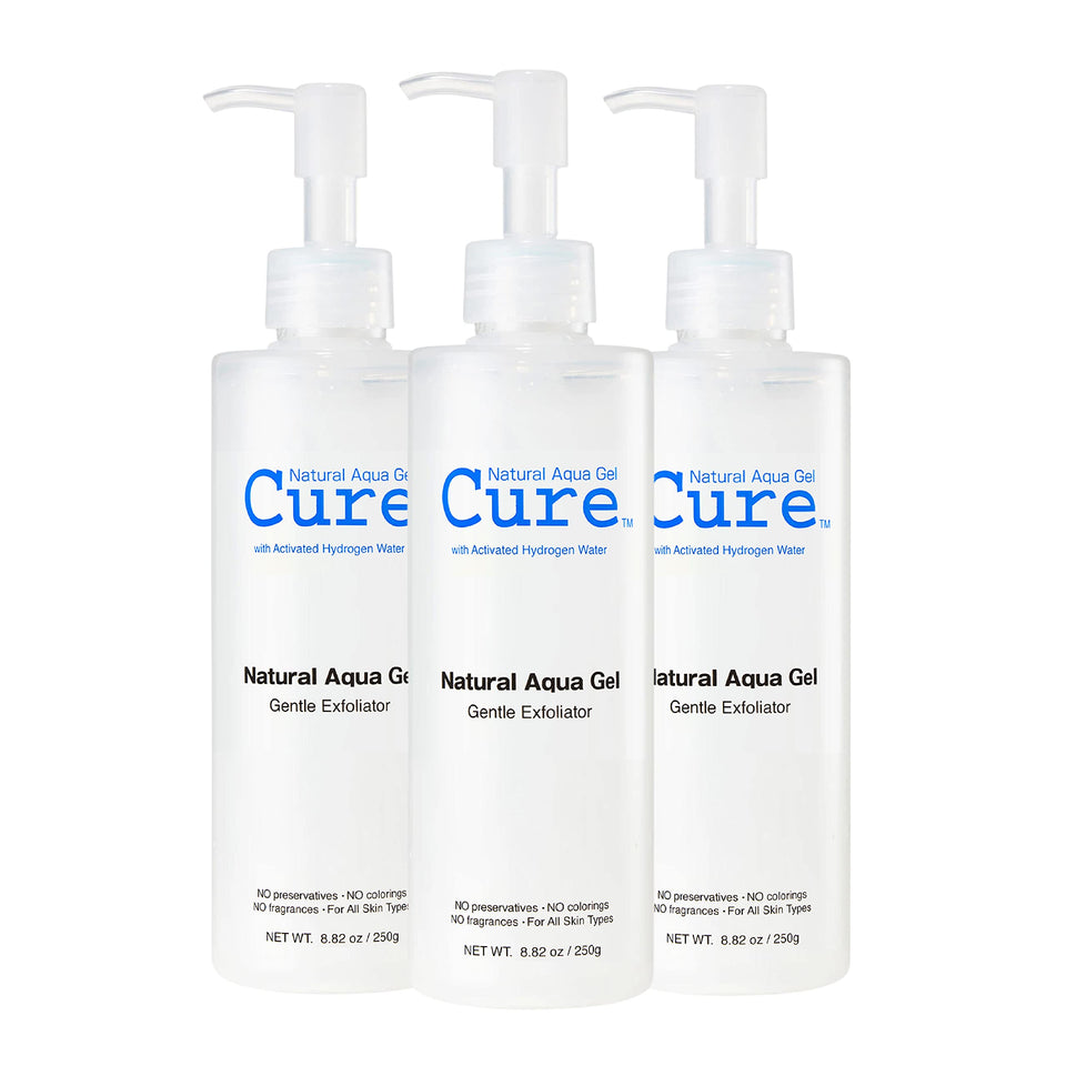 NATURAL AQUA GEL CURE exfoliator bottle for gentle cleansing and smoother skin.