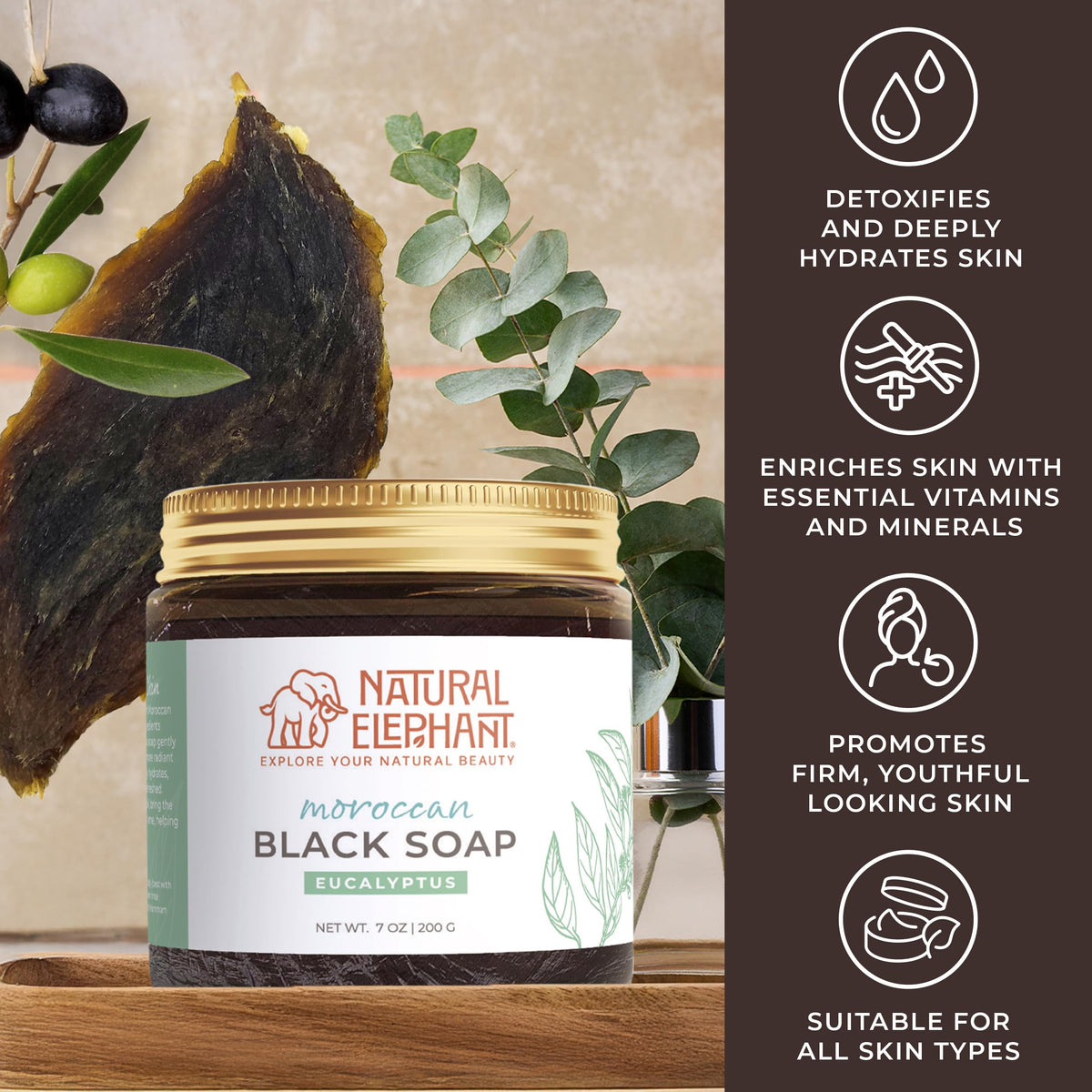 Natural Elephant Hammam Glove beside soap signals traditional exfoliation routine.