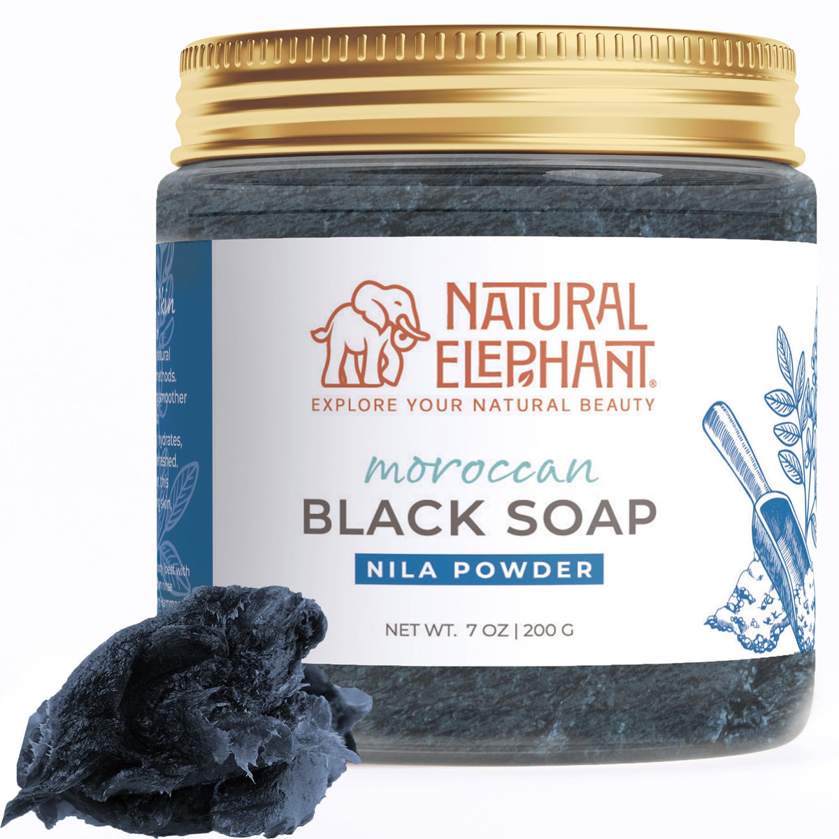 Natural Elephant Moroccan Black Soap bottle pour showcasing olive oil blend for a cleansing ritual.