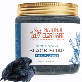 Natural Elephant Moroccan Black Soap bottle pour showcasing olive oil blend for a cleansing ritual.