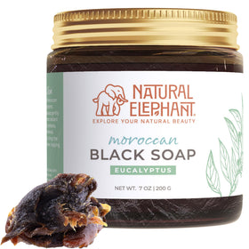 Natural Elephant Moroccan Black Soap with eucalyptus, bar close-up for rich cleansing.