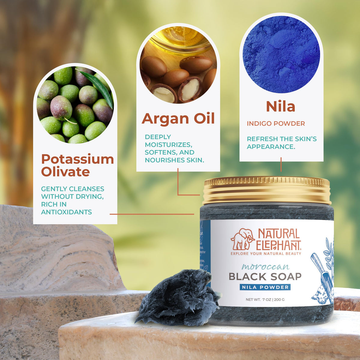 Natural Elephant Black Soap lather reveals gentle exfoliation and skin-softening action.