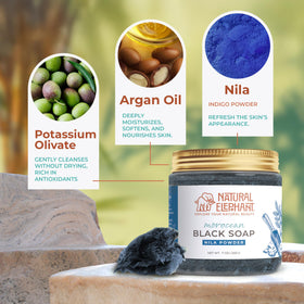 Natural Elephant Black Soap lather reveals gentle exfoliation and skin-softening action.