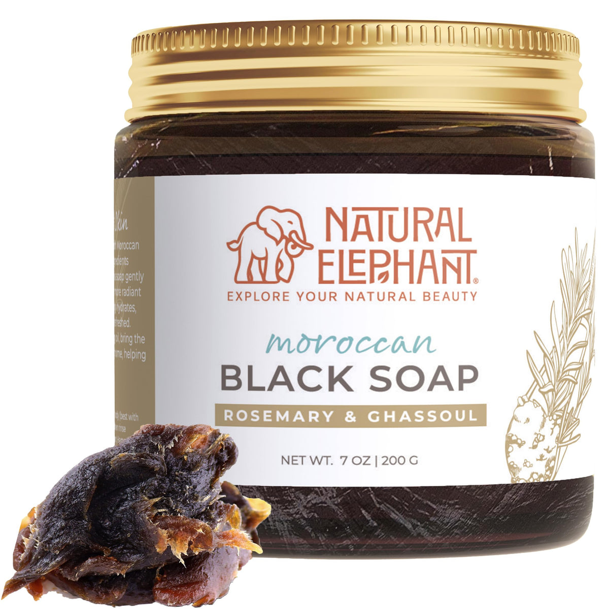 Natural Elephant Moroccan Black Soap packaging shows authentic 7oz jar for at-home spa