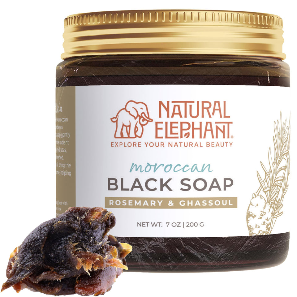 Natural Elephant Moroccan Black Soap packaging shows authentic 7oz jar for at-home spa